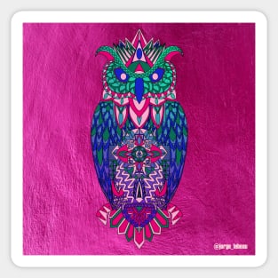 owl in pink kitsch magical zentangle art in totonac patterns of love and flowers Sticker